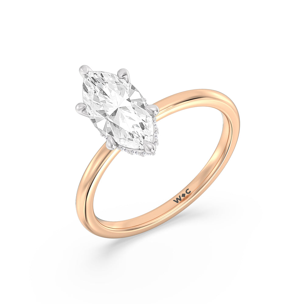 Petite Modern Fine Line Hidden Halo Engagement Ring with Marquise Cut Diamond in 14KT White & Rose Gold view 3

