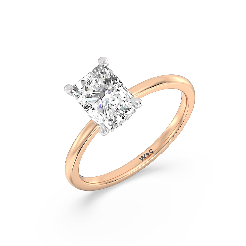Petite Modern Fine Line Hidden Halo Engagement Ring with Radiant Cut Diamond in 14KT White & Rose Gold view 3
