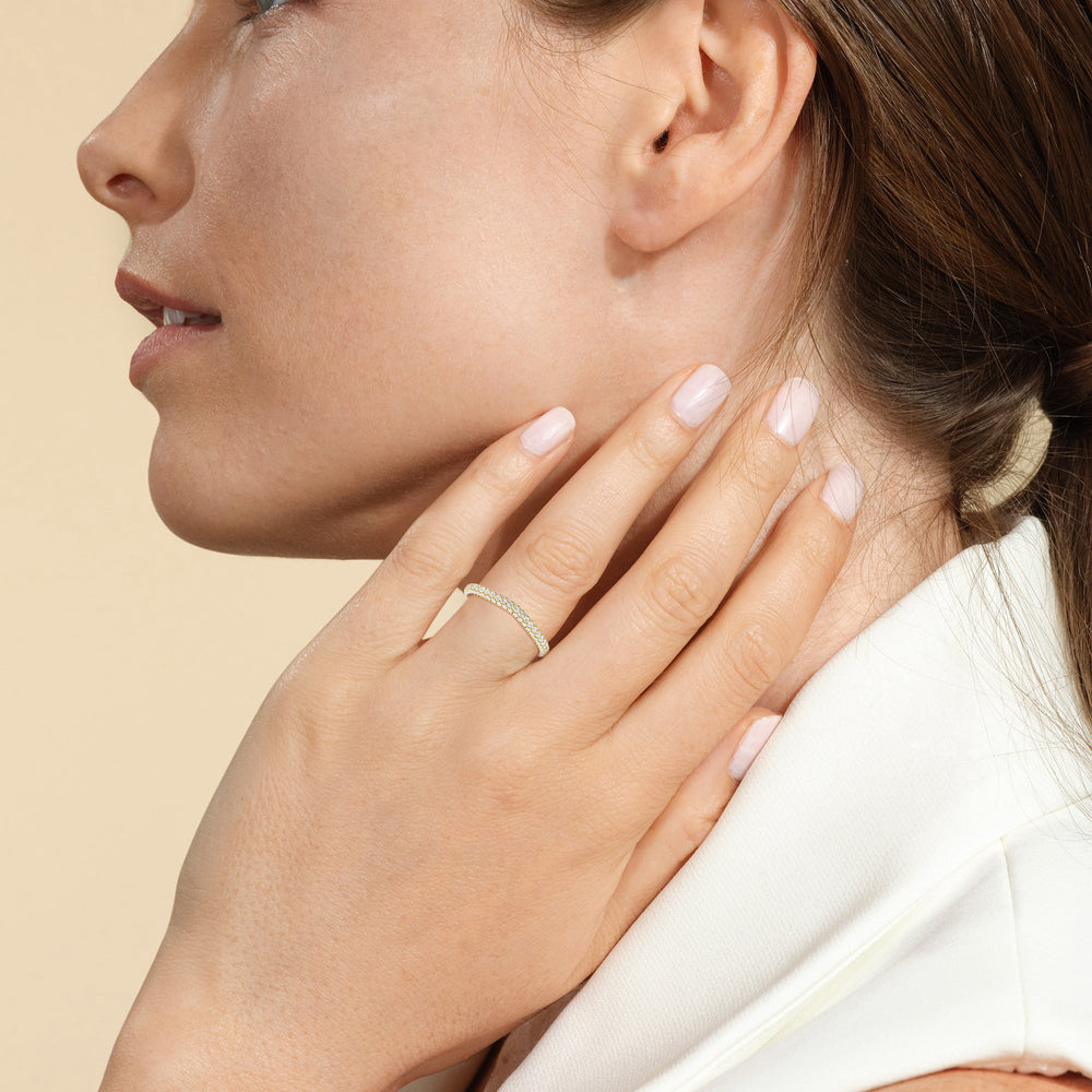Model Wearing The Amelia Three Stone Diamond Wedding Band view