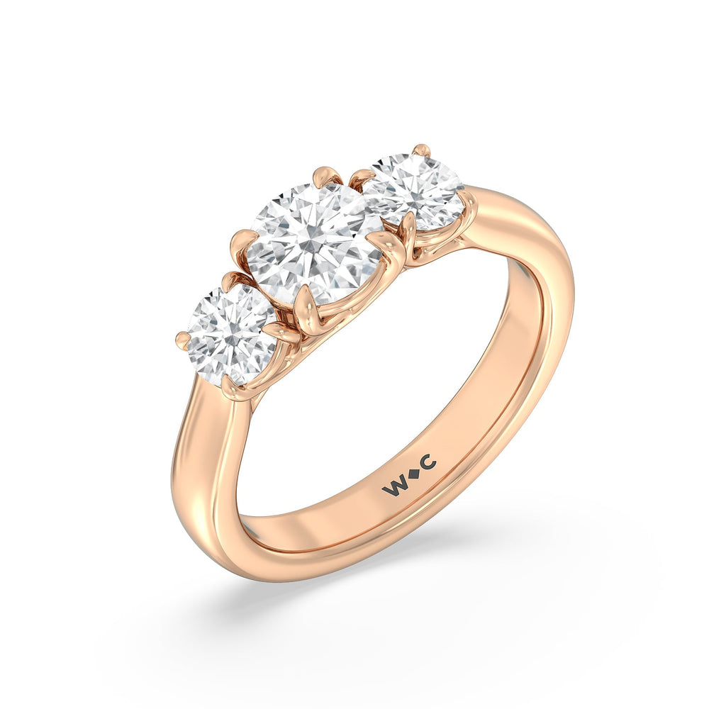 Three Stone Round Brilliant Cut Diamond Ring (F/G SI+) with 18KT Rose Gold / Natural / 2 Cut Diamond in 14KT Rose Gold / Natural / 2 view 5
