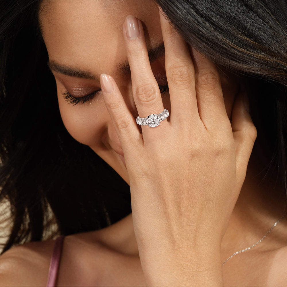 Model Wearing Gallery Studded Princess Cut Engagement Ring view