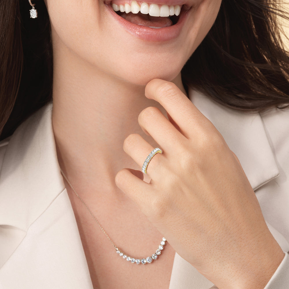 Model Wearing Emerald Split Prong Studded Eternity Ring Size 5.5 view