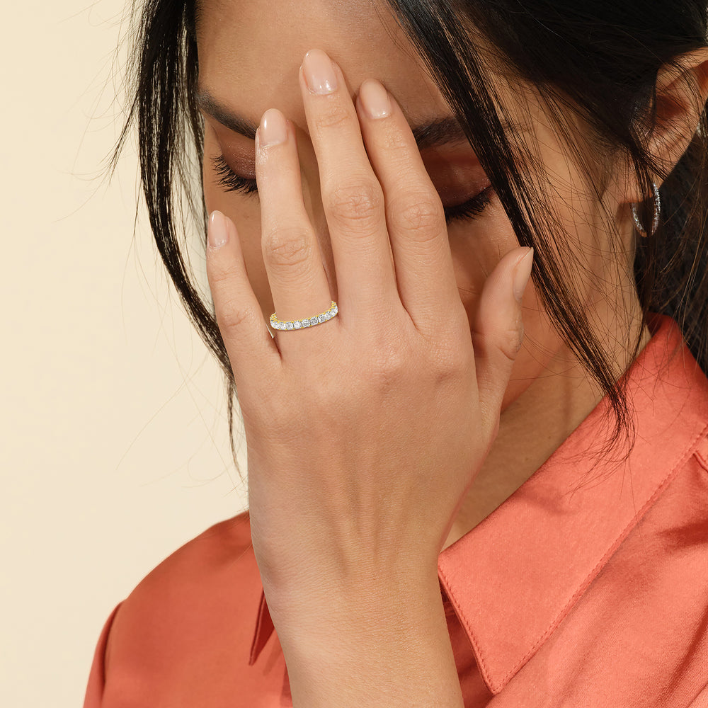 Model Wearing Princess Split Prong Studded Eternity Ring Size 6.5 view