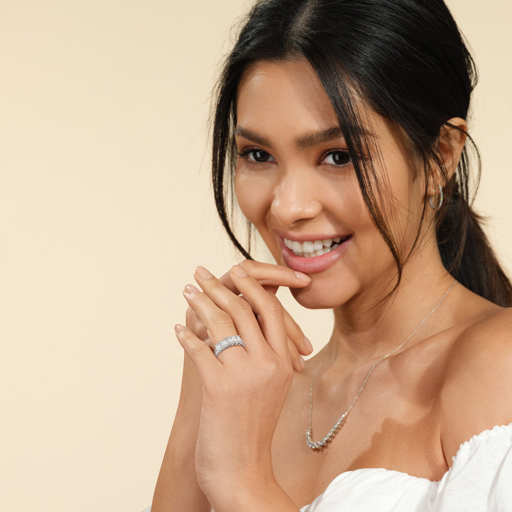 Model Wearing Five Stone Emerald Cut Diamond Ring (F/G SI+) view