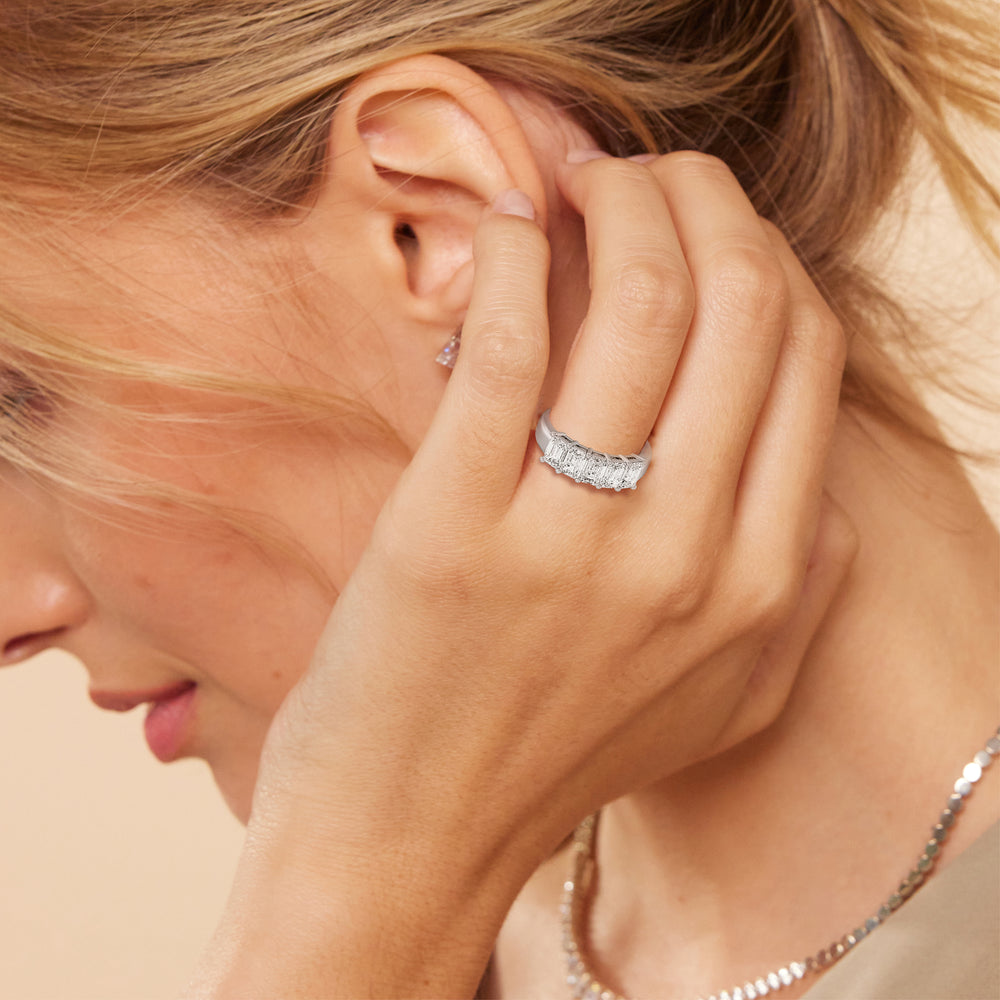 Model Wearing Five Stone Emerald Cut Diamond Ring (F/G SI+) view