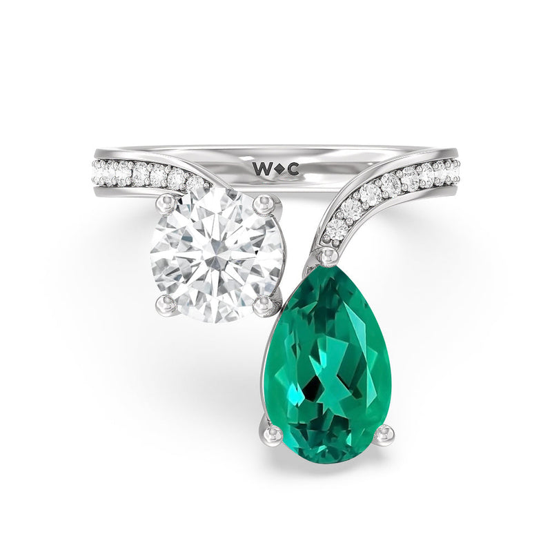 Toi et Moi Created Emerald pear and round Diamond Engagement Ring