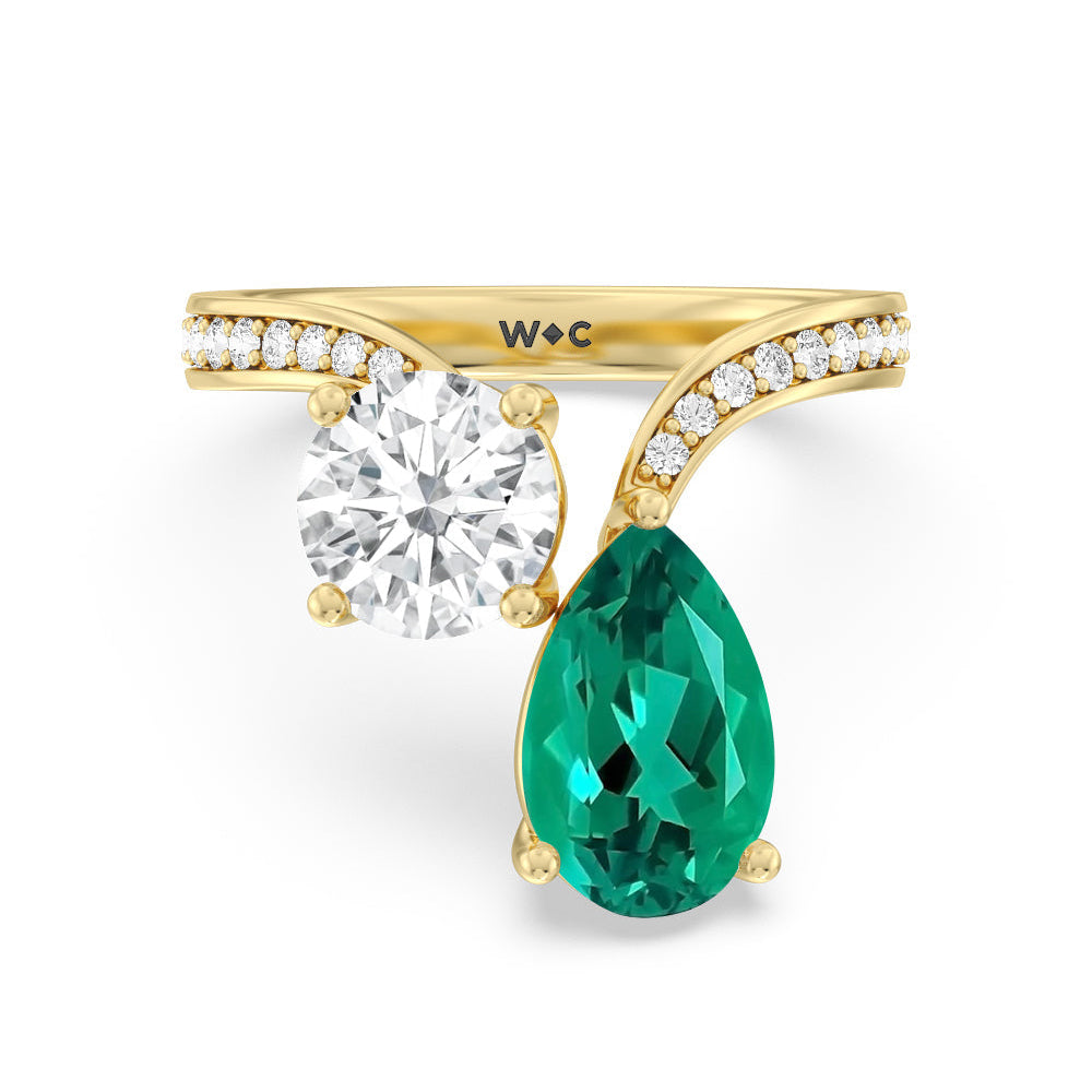 Toi et Moi Created Emerald pear and round Diamond Engagement Ring with 14KT Yellow Gold Cut Diamond in 14KT Yellow Gold view 1
