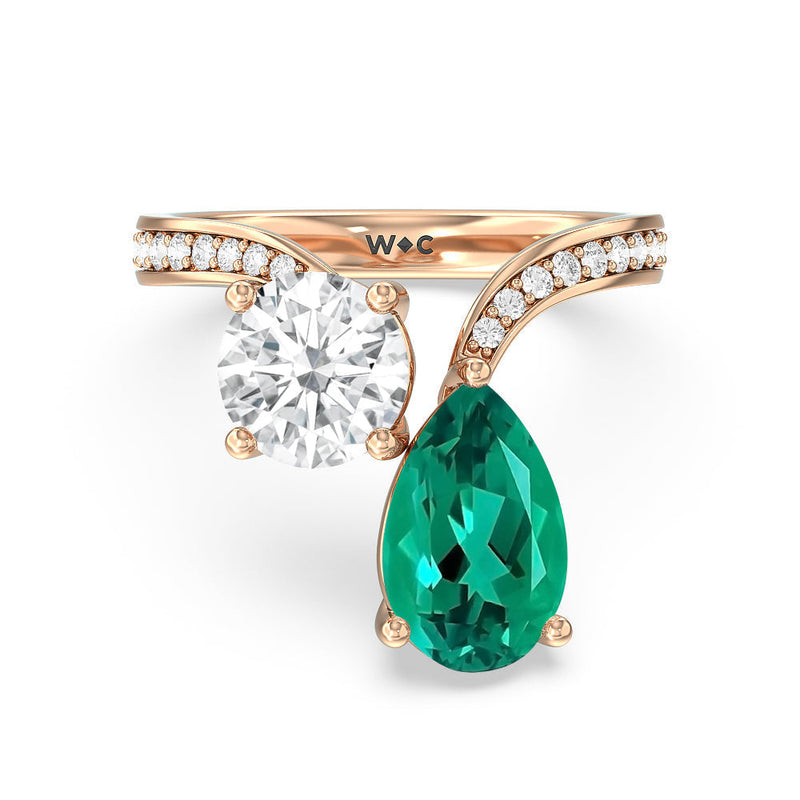Toi et Moi Created Emerald pear and round Diamond Engagement Ring