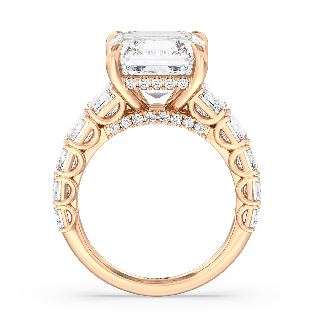 Elegance Emerald Accent Hidden Halo Engagement Ring with Radiant Cut Diamond in 14KT Rose Gold view 2
