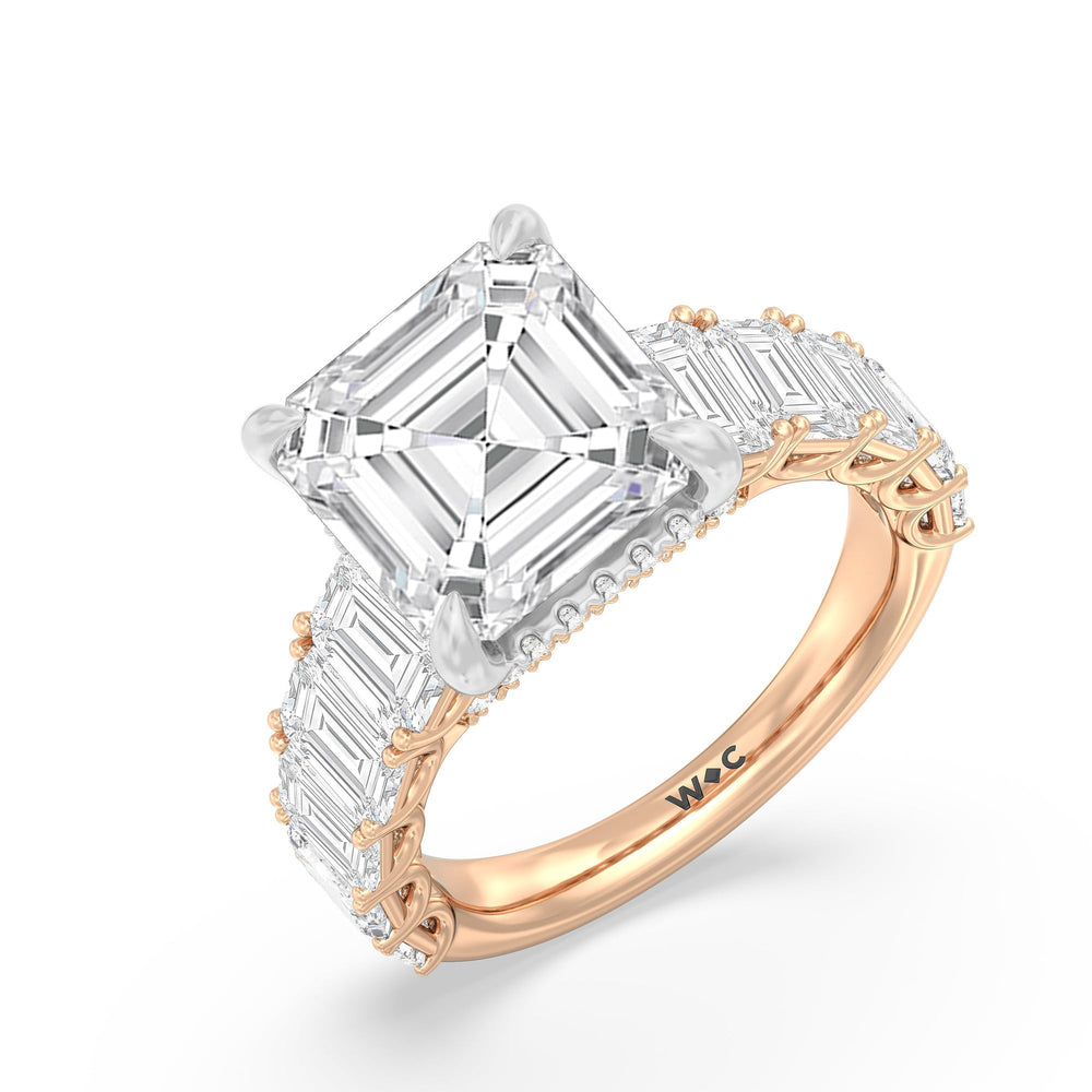 Asscher Cut Elegance Emerald Accent Hidden Halo Engagement Ring with Lab Grown Diamond in 14KT White & Rose Gold view 3
