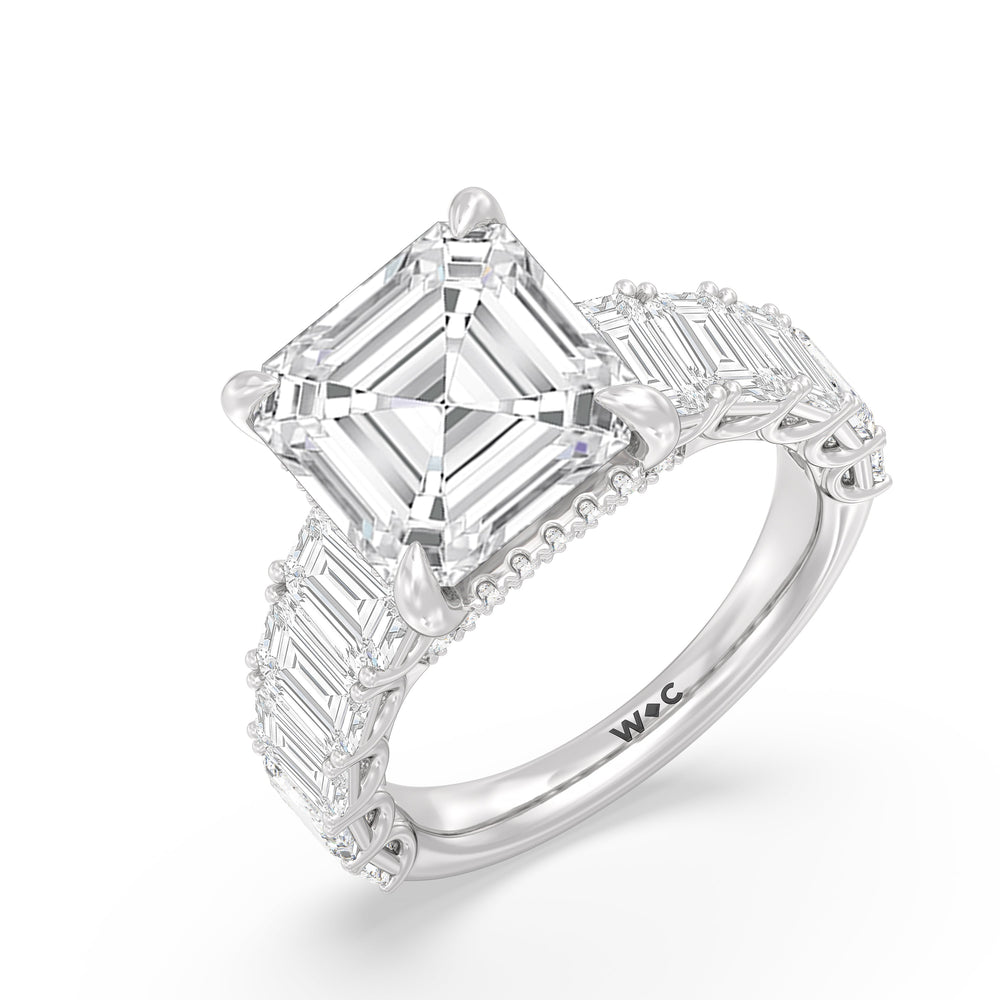 Elegance Emerald Accent Hidden Halo Engagement Ring with Asscher Cut Diamond in 14KT Platinum view 3
