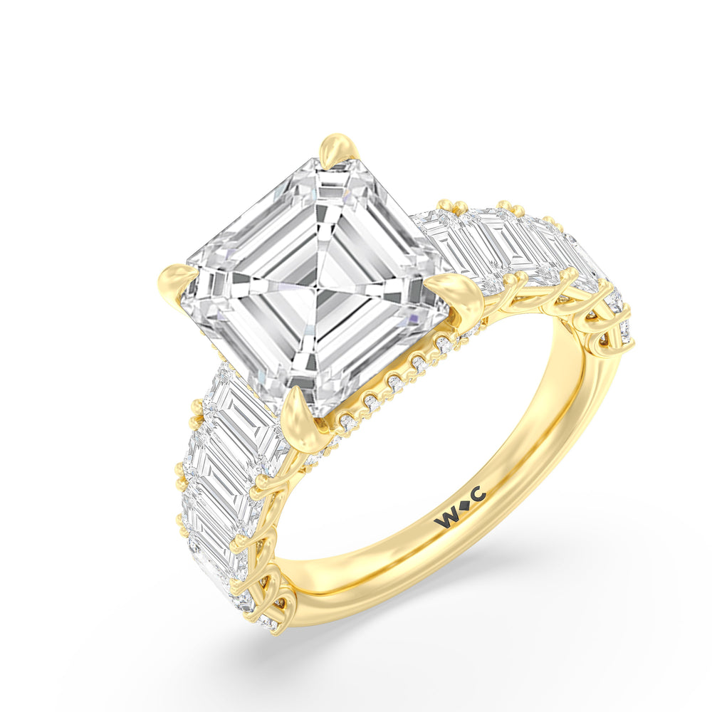 Elegance Emerald Accent Hidden Halo Engagement Ring with Asscher Cut Diamond in 14KT Yellow Gold view 3
