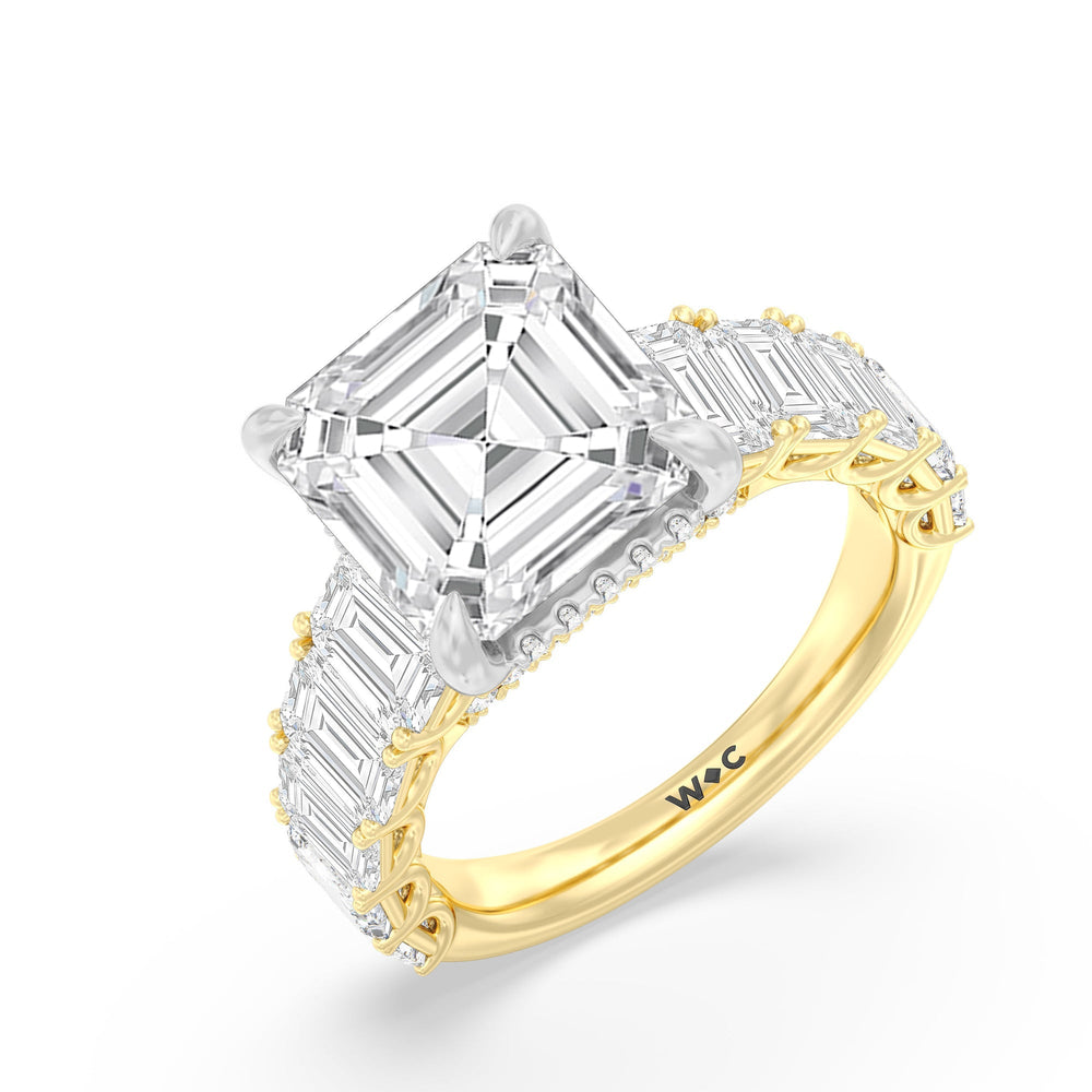 Asscher Cut Elegance Emerald Accent Hidden Halo Engagement Ring with Lab Grown Diamond in 14KT White & Yellow Gold view 3
