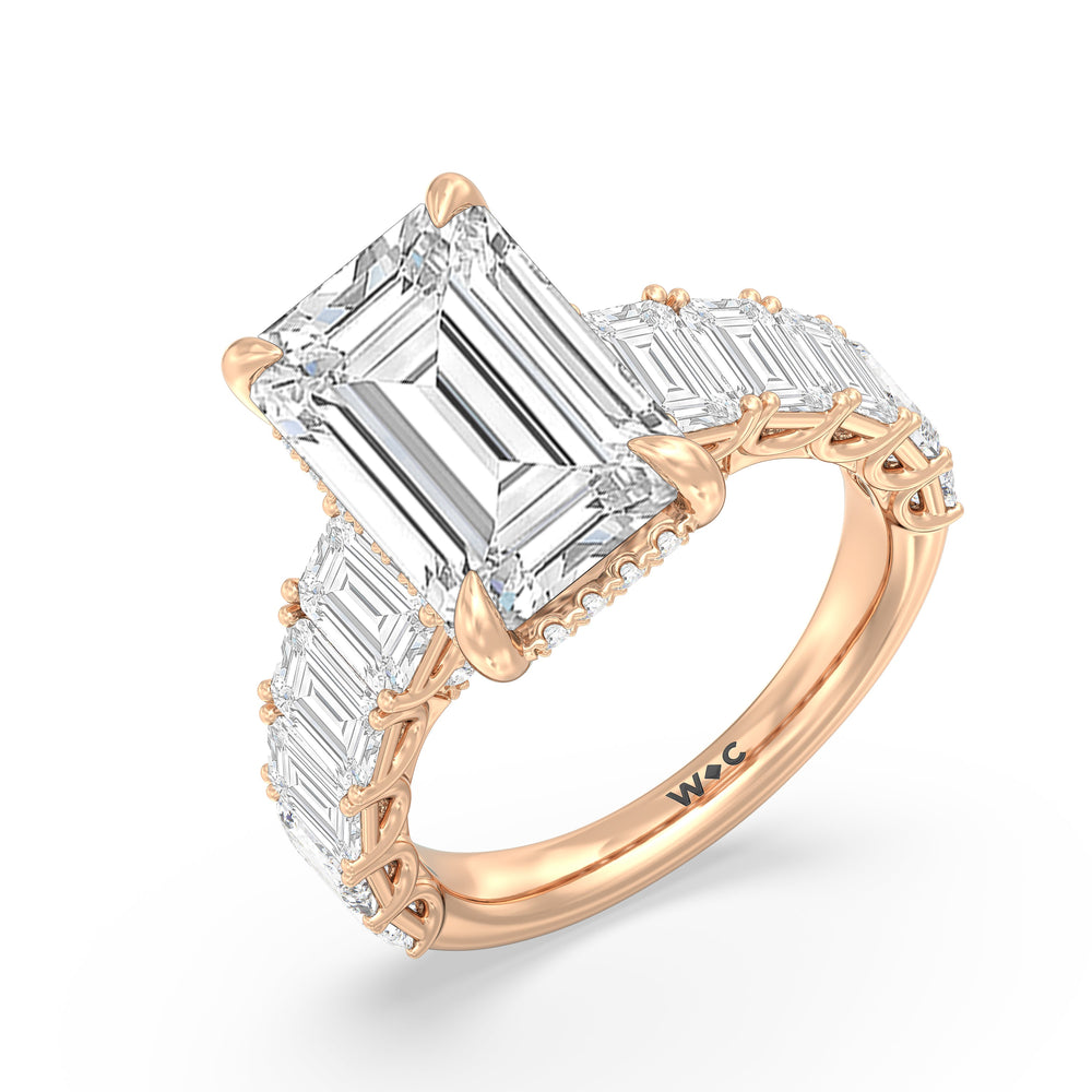 Elegance Emerald Accent Hidden Halo Engagement Ring with Emerald Cut Diamond in 14KT Rose Gold view 3
