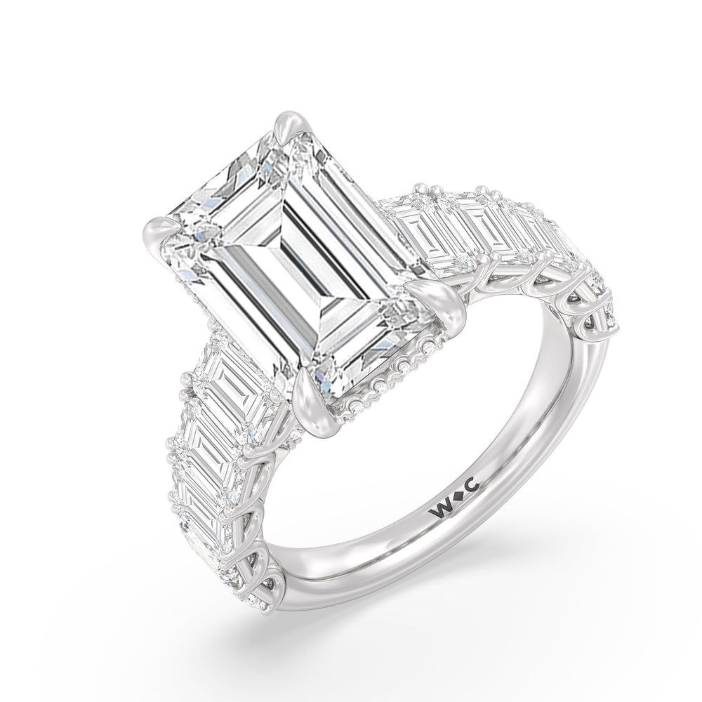 Elegance Emerald Accent Hidden Halo Engagement Ring with Emerald Cut Diamond in 14KT Platinum view 3
