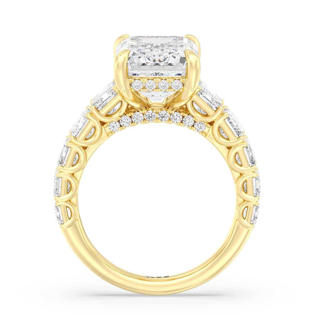 Elegance Emerald Accent Hidden Halo Engagement Ring with Emerald Cut Diamond in 14KT Yellow Gold view 2
