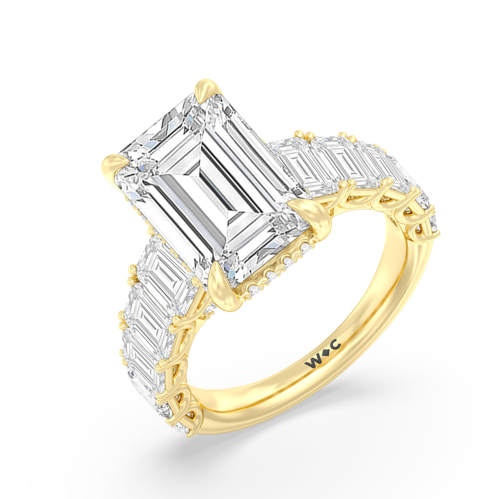 Elegance Emerald Accent Hidden Halo Engagement Ring with Emerald Cut Diamond in 14KT Yellow Gold view 3
