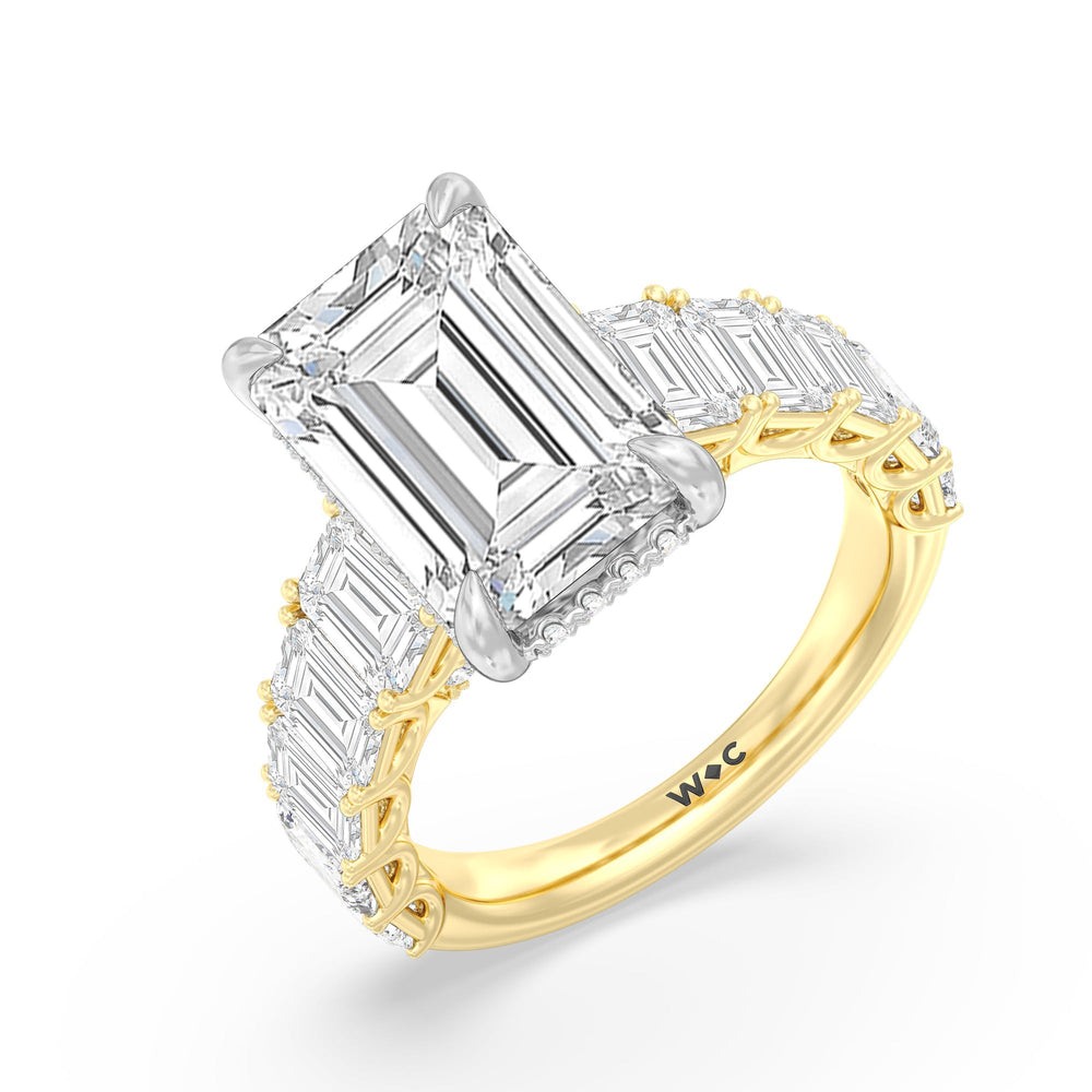 Emerald Cut Elegance Emerald Accent Hidden Halo Engagement Ring with Lab Grown Diamond in 14KT White & Yellow Gold view 3
