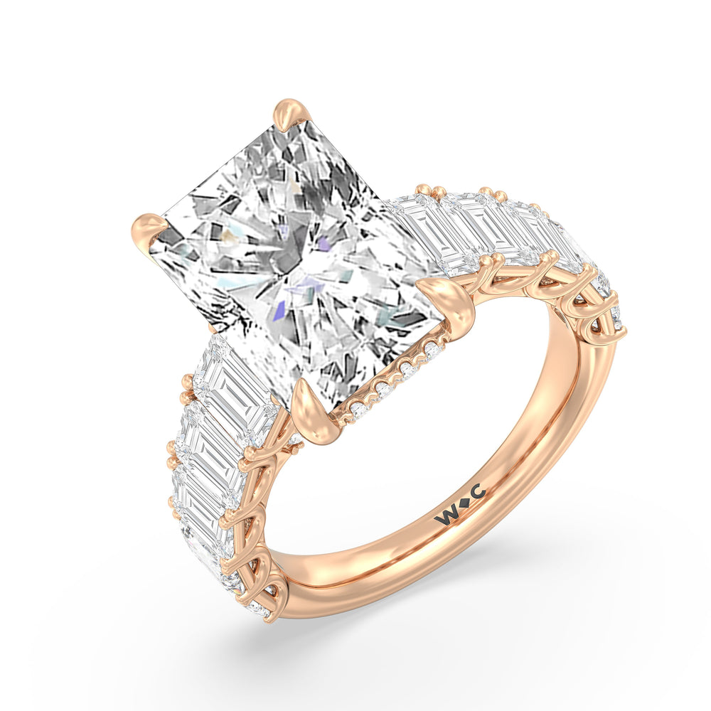 Elegance Emerald Accent Hidden Halo Engagement Ring with Radiant Cut Diamond in 14KT Rose Gold view 3
