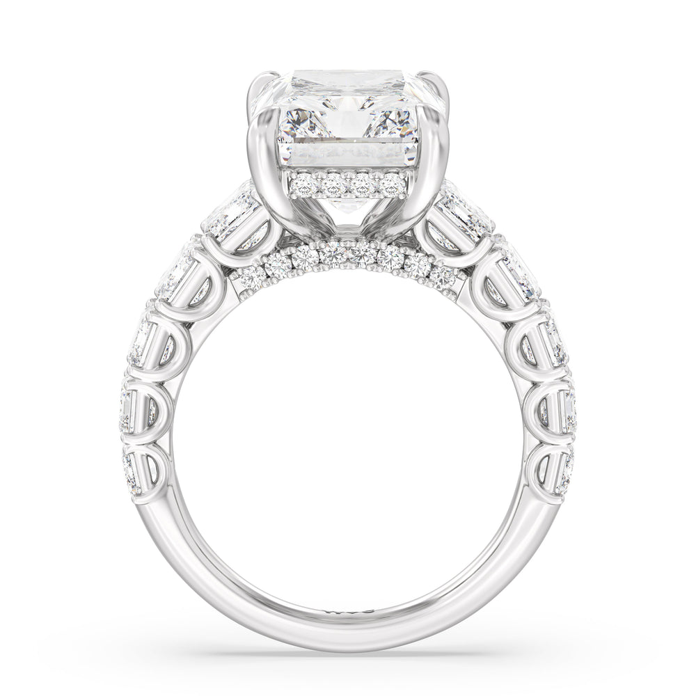 Elegance Emerald Accent Hidden Halo Engagement Ring with Radiant Cut Diamond in 14KT Platinum view 2
