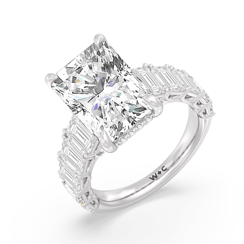 Elegance Emerald Accent Hidden Halo Engagement Ring with Radiant Cut Diamond in 14KT Platinum view 3
