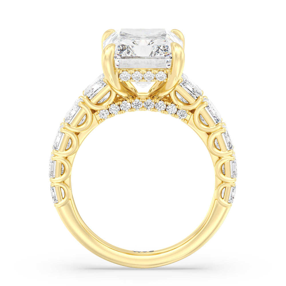 Elegance Emerald Accent Hidden Halo Engagement Ring with Radiant Cut Diamond in 14KT Yellow Gold view 2
