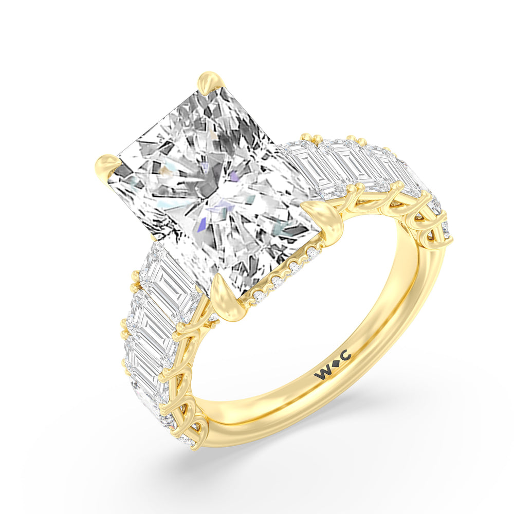 Elegance Emerald Accent Hidden Halo Engagement Ring with Radiant Cut Diamond in 14KT Yellow Gold view 3
