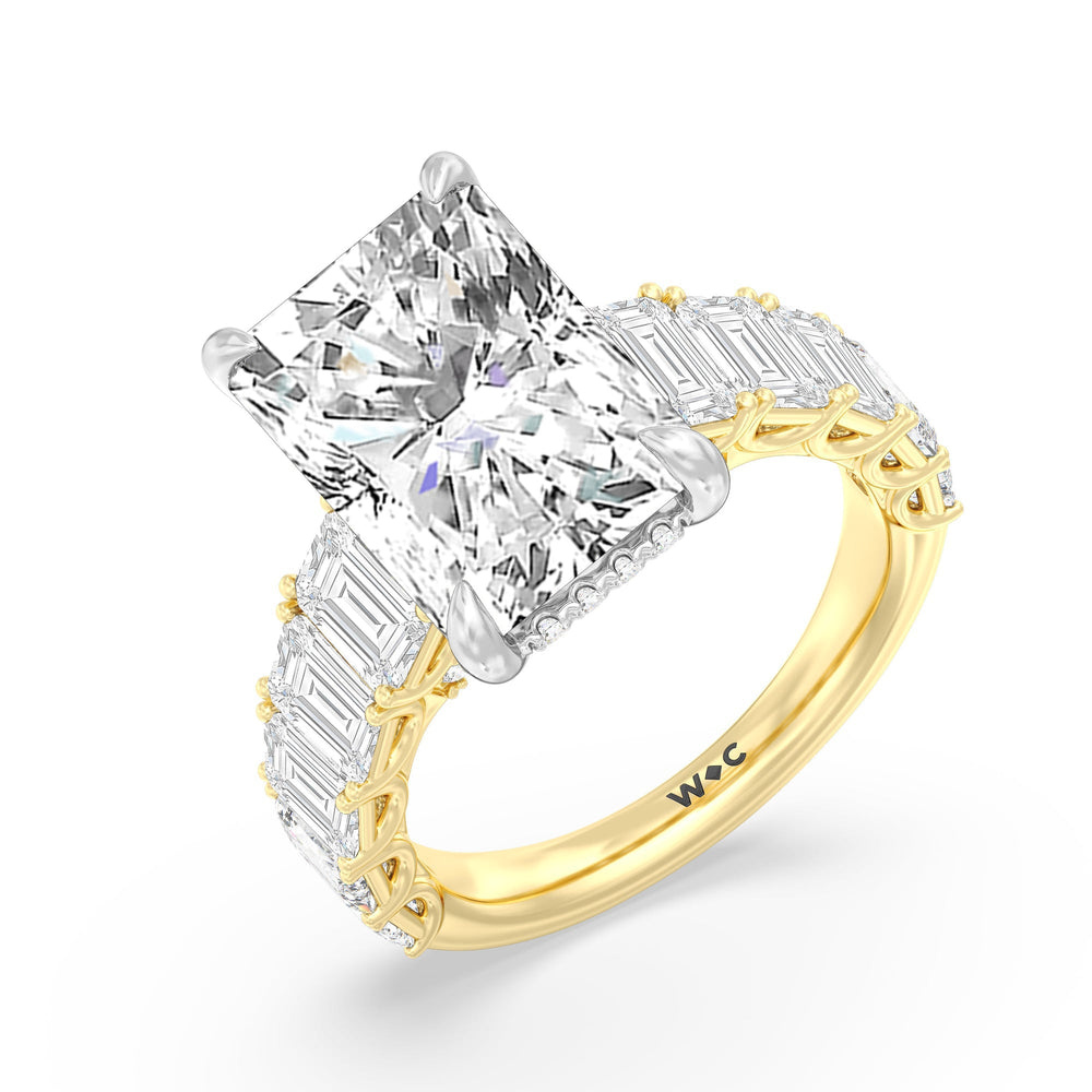 Radiant Cut Elegance Emerald Accent Hidden Halo Engagement Ring with Lab Grown Diamond in 14KT White & Yellow Gold view 3
