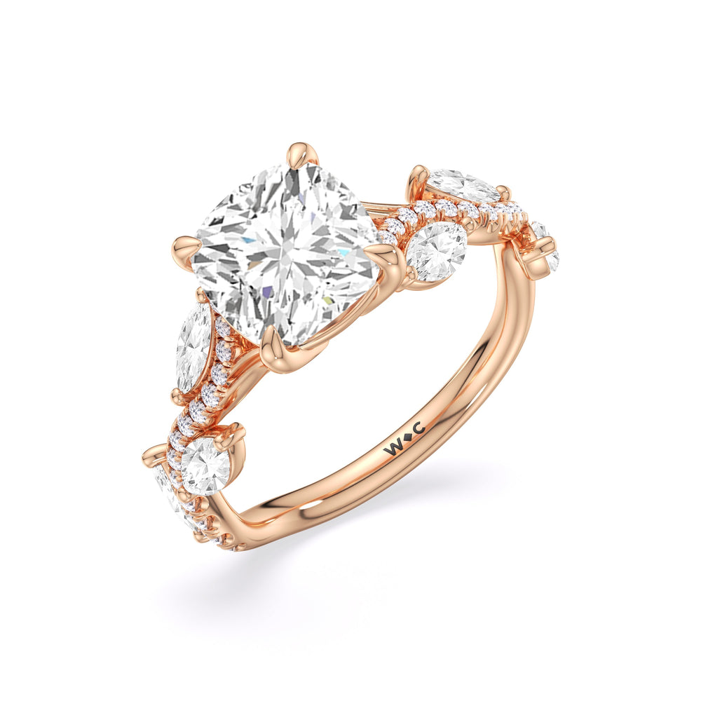 Rustic Vine Split Shank Engagement Ring with Cushion Cut Diamond in 14KT Rose Gold view 5
