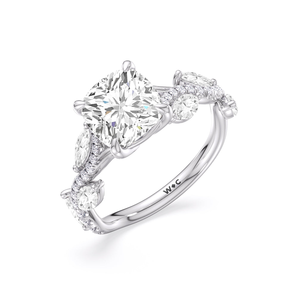 Rustic Vine Split Shank Engagement Ring with Cushion Cut Diamond in 14KT Platinum view 5
