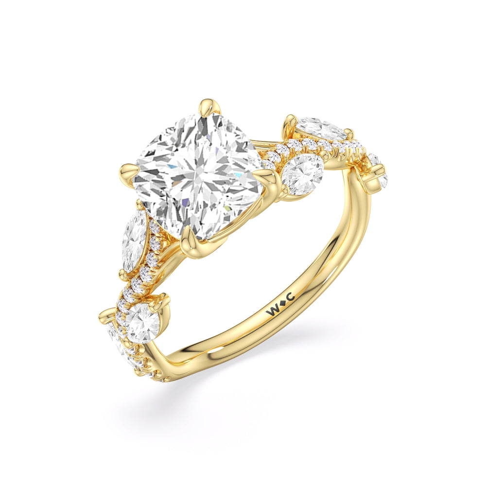 Rustic Vine Split Shank Engagement Ring with Cushion Cut Diamond in 14KT Yellow Gold view 5
