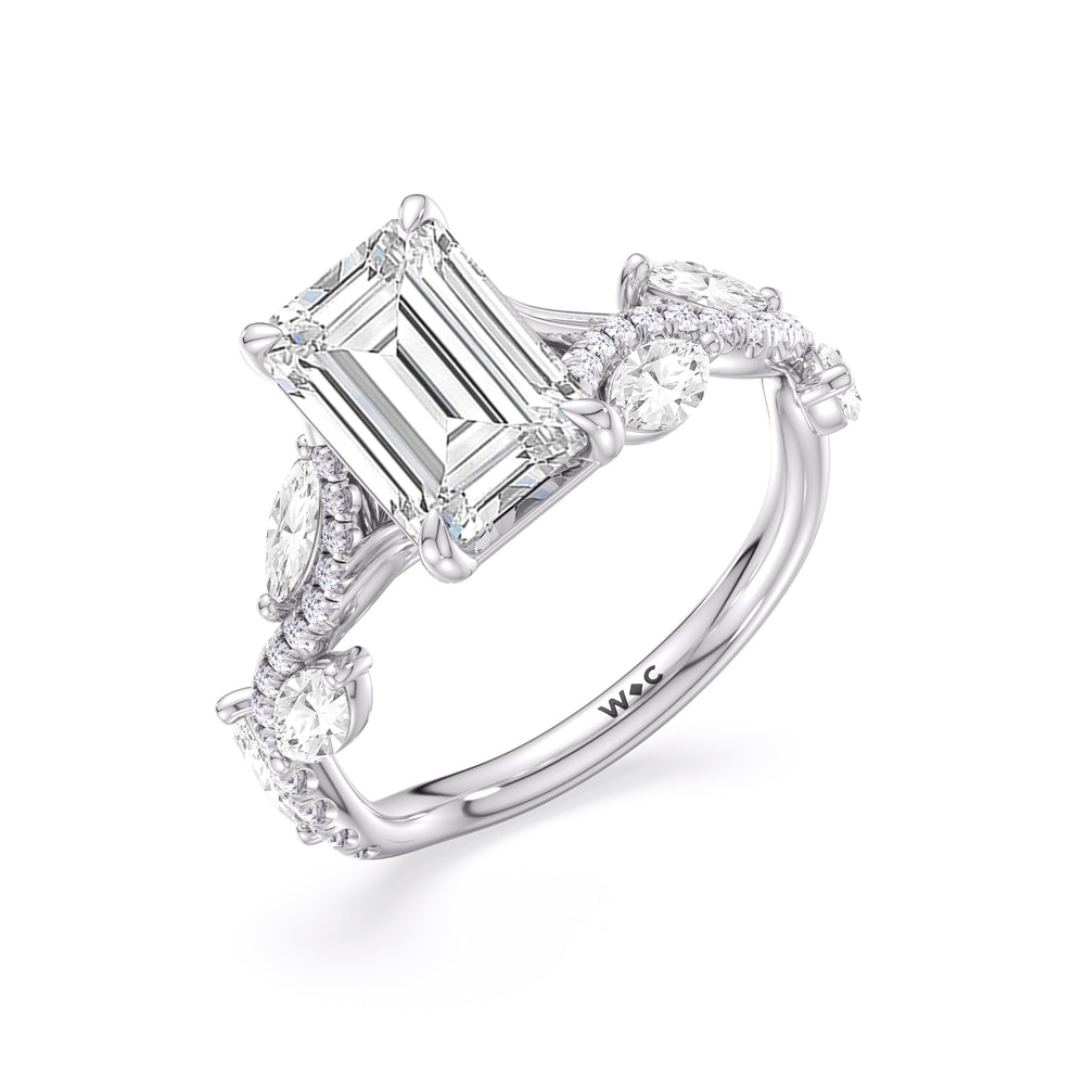 Rustic Vine Split Shank Engagement Ring with Emerald Cut Diamond in 14KT Platinum view 5
