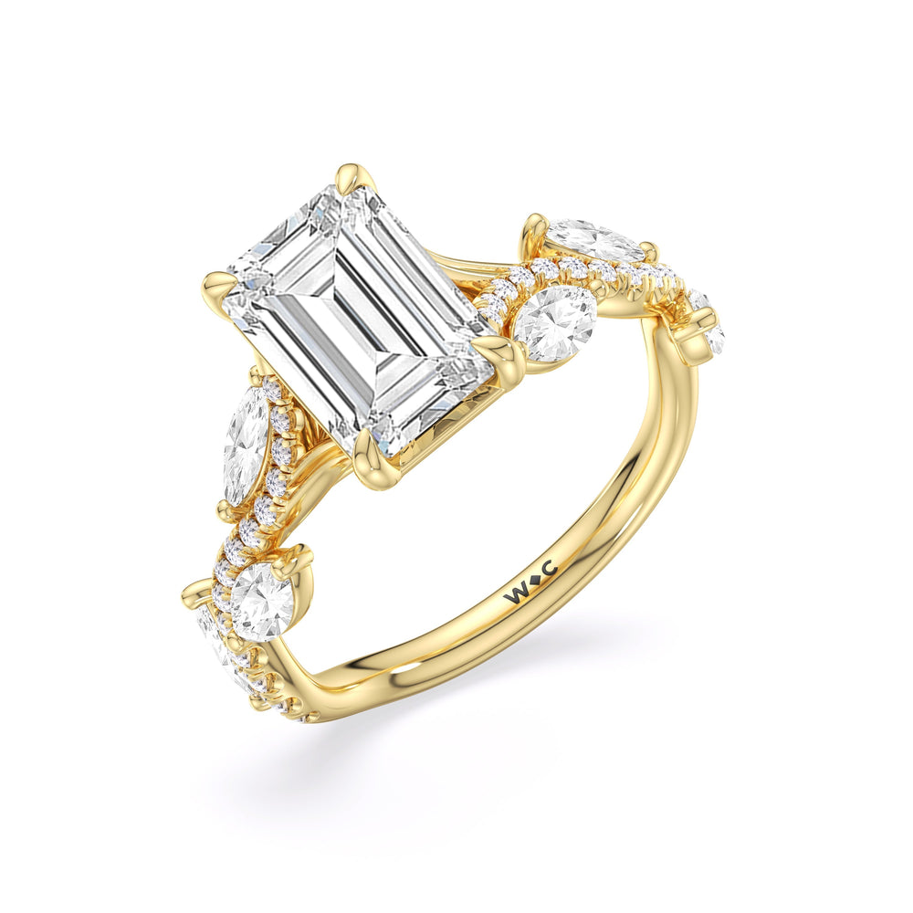 Rustic Vine Split Shank Engagement Ring with Emerald Cut Diamond in 14KT Yellow Gold view 5
