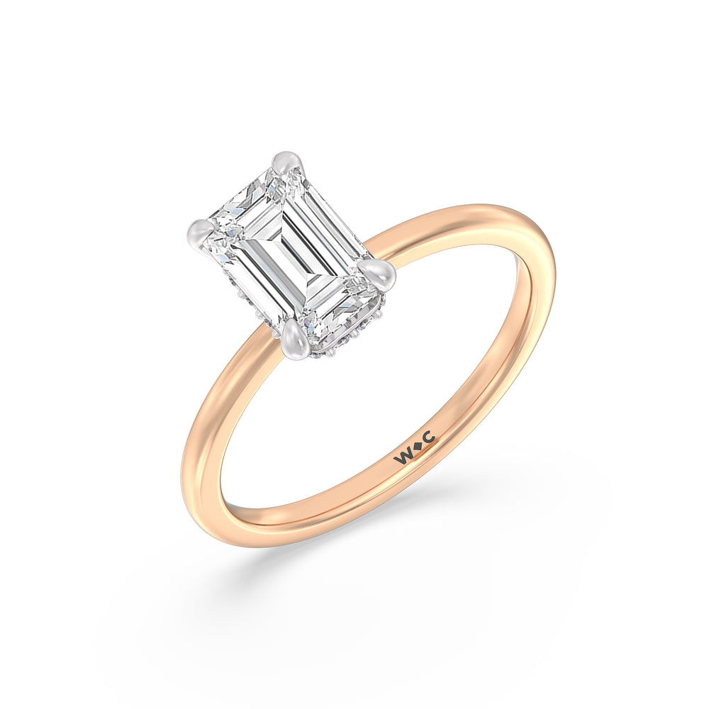 Petite Modern Fine Line Hidden Halo Engagement Ring with Emerald Cut Diamond in 14KT White & Rose Gold view 3
