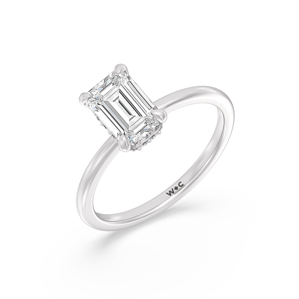 Petite Modern Fine Line Hidden Halo Engagement Ring with Emerald Cut Diamond in 14KT Platinum view 3
