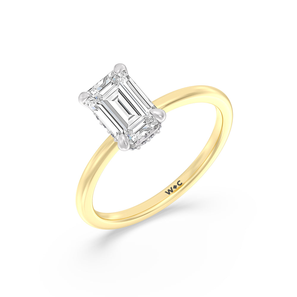 Petite Modern Fine Line Hidden Halo Engagement Ring with Emerald Cut Diamond in 14KT White & Yellow Gold view 3
