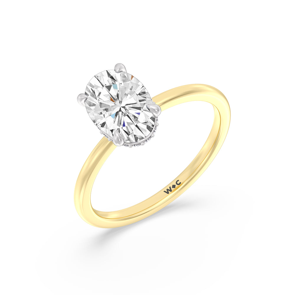 Petite Modern Fine Line Hidden Halo Engagement Ring with Oval Cut Diamond in 14KT White & Yellow Gold view 3

