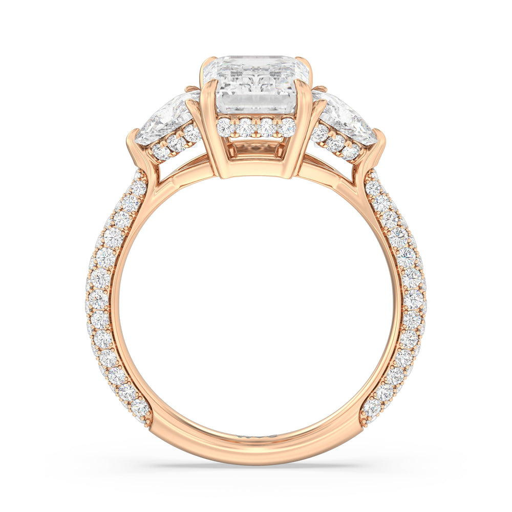Elegance Three Stone Pave Engagement Ring with Emerald Cut Diamond in 14KT Rose Gold view 2

