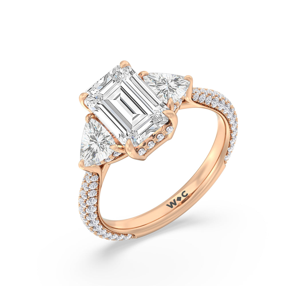 Elegance Three Stone Pave Engagement Ring with Emerald Cut Diamond in 14KT Rose Gold view 3
