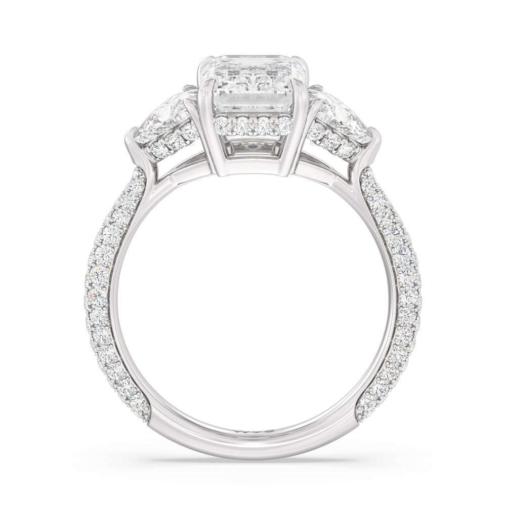 Elegance Three Stone Pave Engagement Ring with Emerald Cut Diamond in 14KT Platinum view 2
