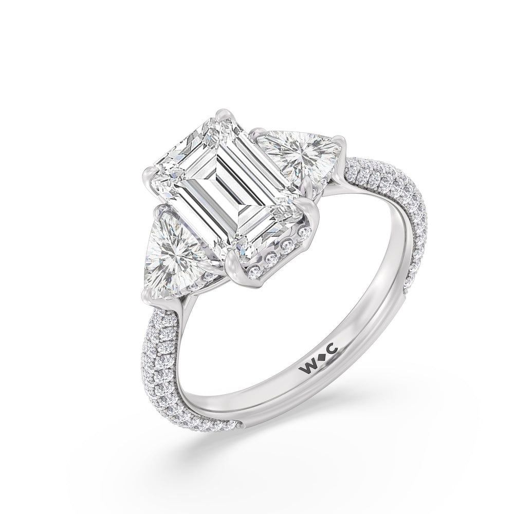 Elegance Three Stone Pave Engagement Ring with Emerald Cut Diamond in 14KT Platinum view 3
