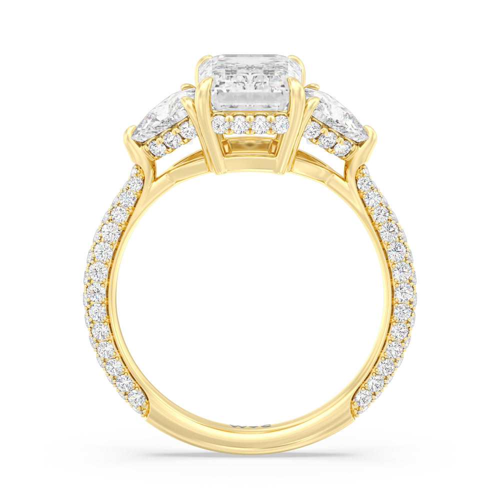 Elegance Three Stone Pave Engagement Ring with Emerald Cut Diamond in 14KT Yellow Gold view 2
