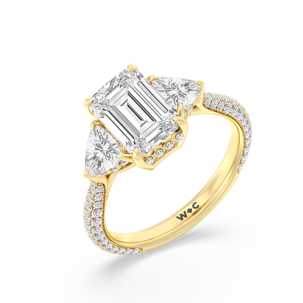 Elegance Three Stone Pave Engagement Ring with Emerald Cut Diamond in 14KT Yellow Gold view 3
