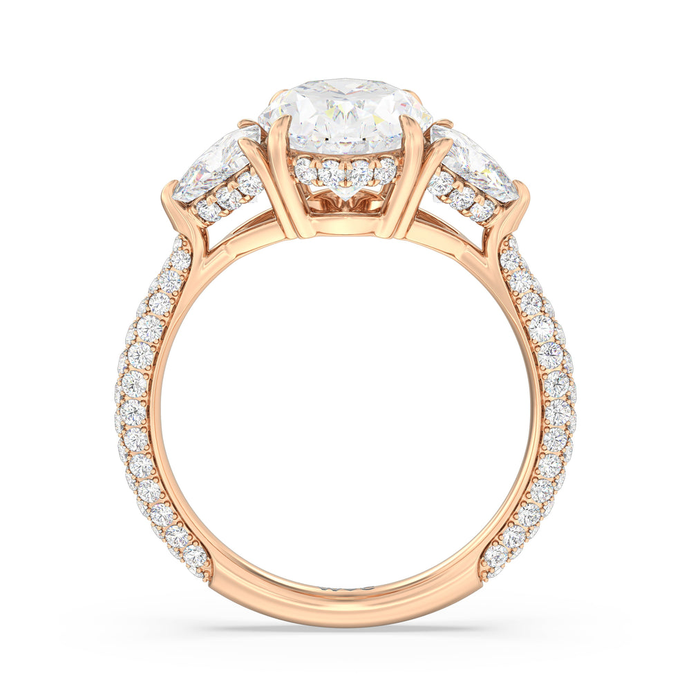 Elegance Three Stone Pave Engagement Ring with Oval Cut Diamond in 14KT Rose Gold view 2
