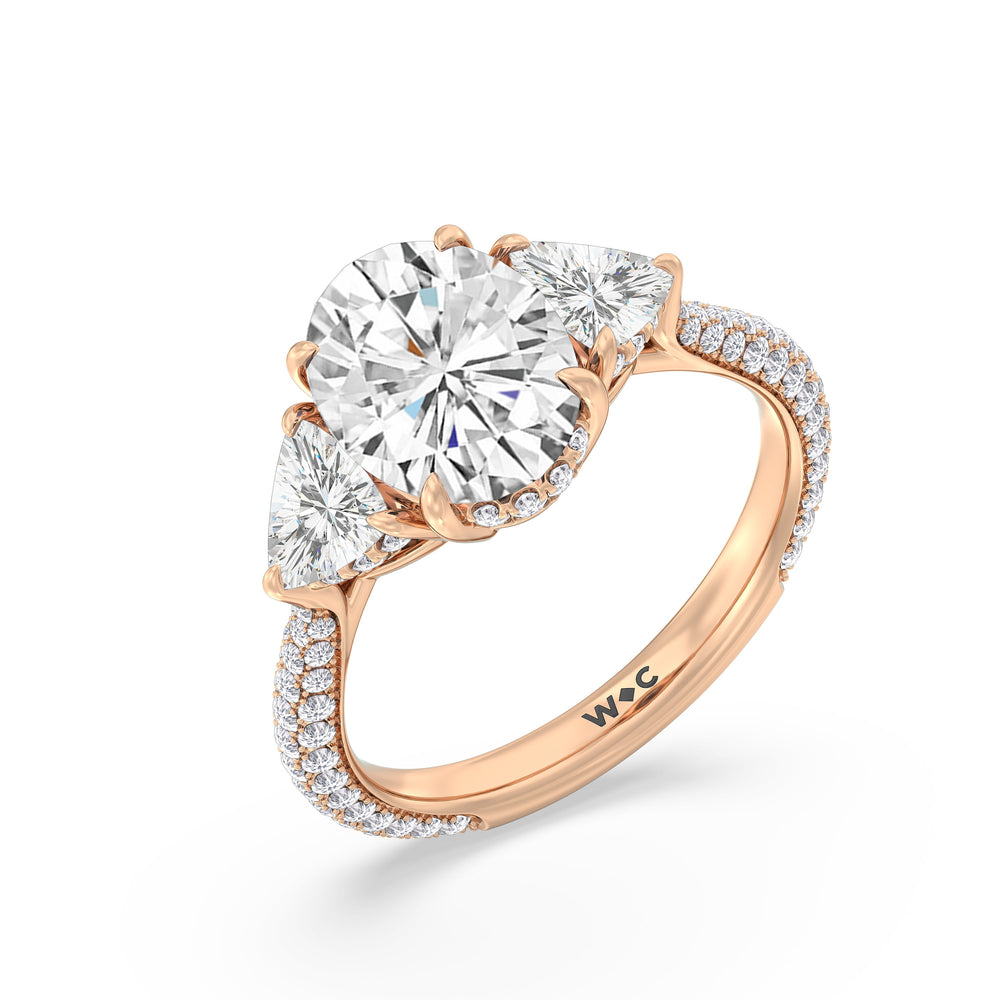 Elegance Three Stone Pave Engagement Ring with Oval Cut Diamond in 14KT Rose Gold view 3
