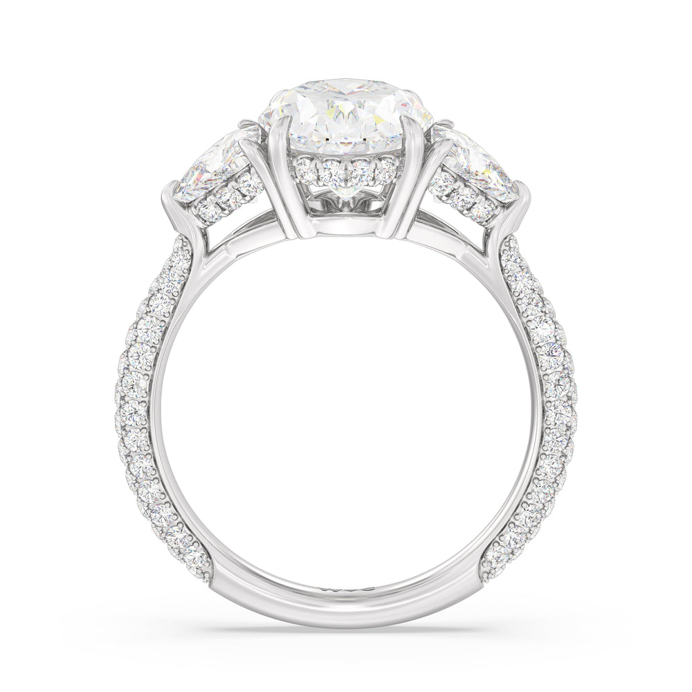 Elegance Three Stone Pave Engagement Ring with Oval Cut Diamond in 14KT Platinum view 2
