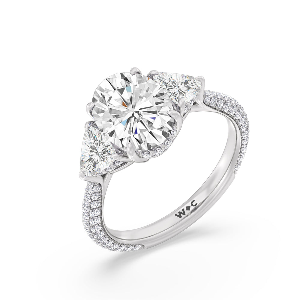 Elegance Three Stone Pave Engagement Ring with Oval Cut Diamond in 14KT Platinum view 3
