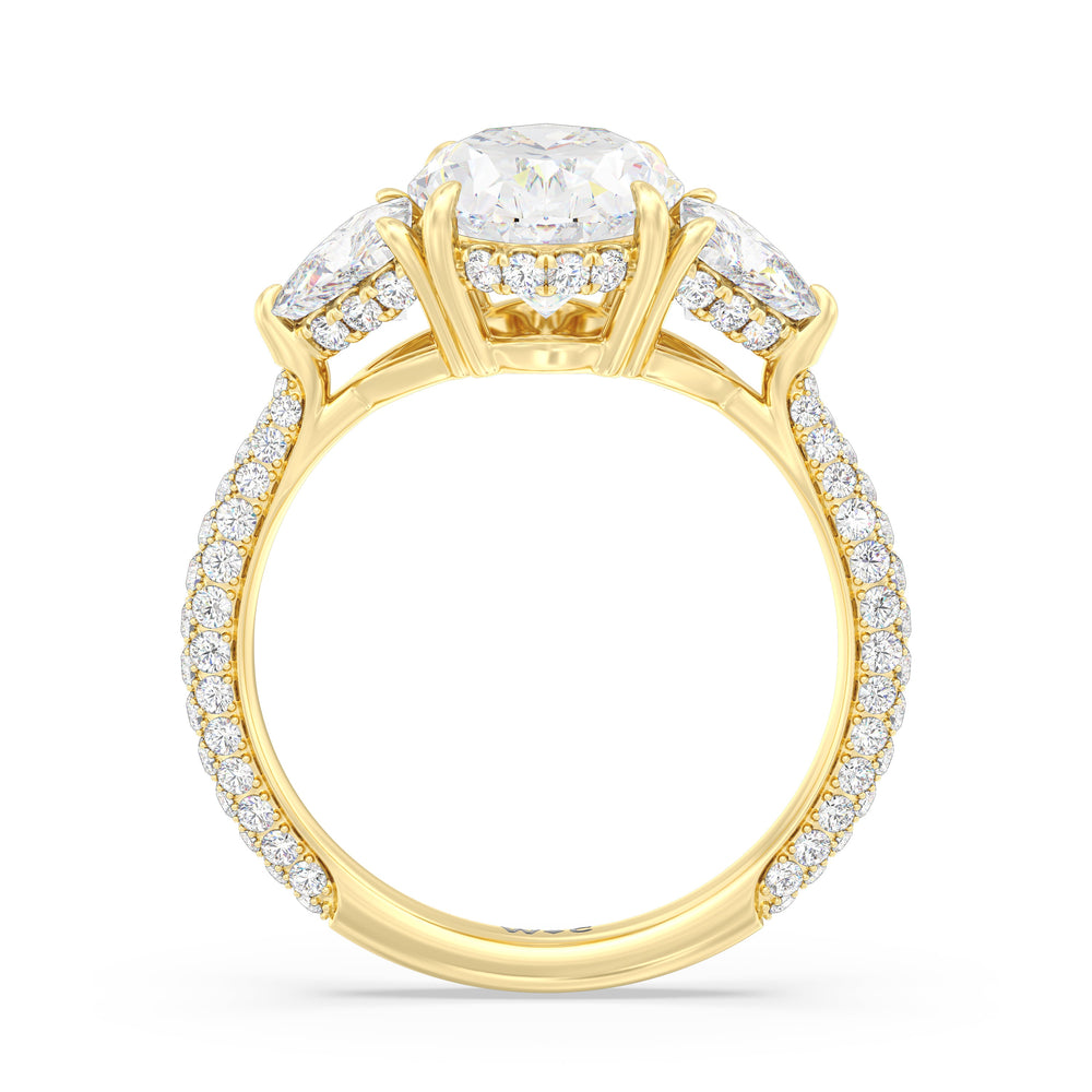 Elegance Three Stone Pave Engagement Ring with Oval Cut Diamond in 14KT Yellow Gold view 2
