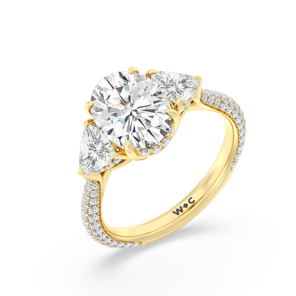 Elegance Three Stone Pave Engagement Ring with Oval Cut Diamond in 14KT Yellow Gold view 3

