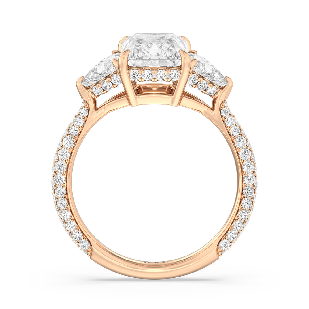 Elegance Three Stone Pave Engagement Ring with Radiant Cut Diamond in 14KT Rose Gold view 2
